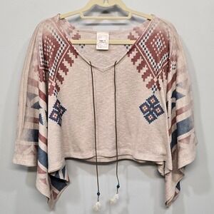 Womens Oversized Southwestern Top Medium Cropped Feather Tassel Boho Festival